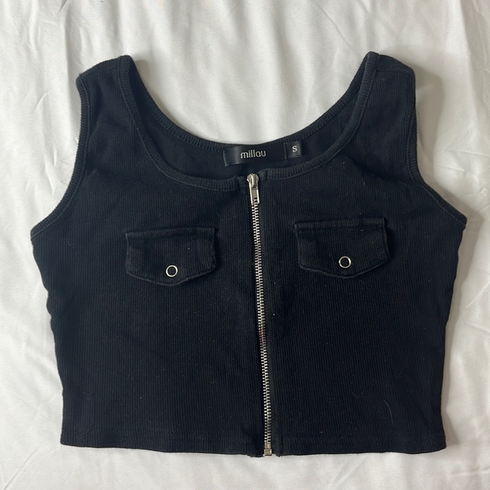 Black Zip Up Crop Top - LF